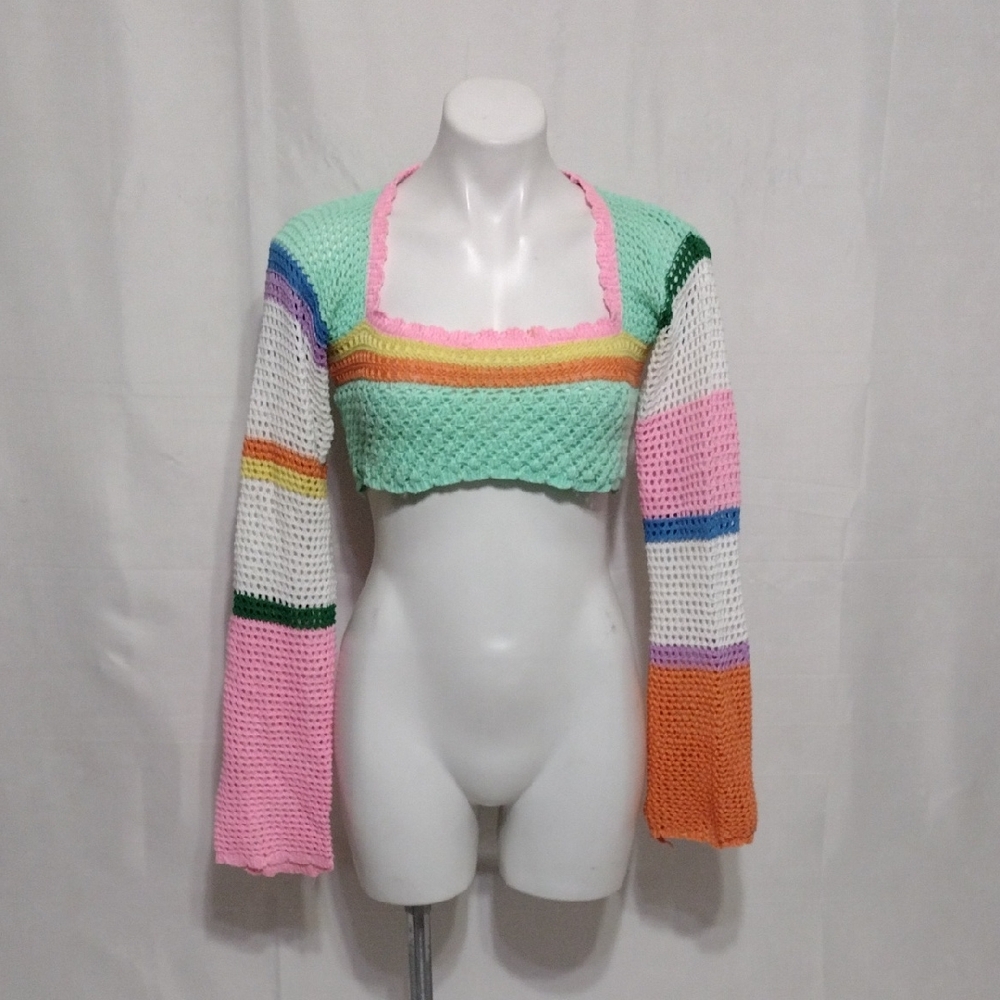 Women’s Crochet Knit Long Sleeve Cropped Top Boho Chic Summer Festival Medium